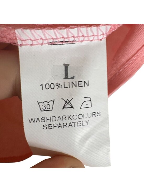 Women's 100% Linen Button Front Blouse Pink V Neck 3/4 Sleeve Relaxed Fit Large - Picture 4 of 5